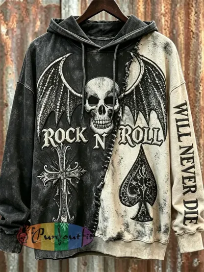 Men’s Rock N Roll Will Never Die Skull with Wings Contrast Print Oversized Hoodie - Black · S