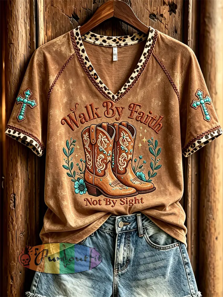 Women’s Walk By Faith Not By Sight Western Boots Turquoise Cross Leopard Print short-sleeved T-shirt - Brown · S