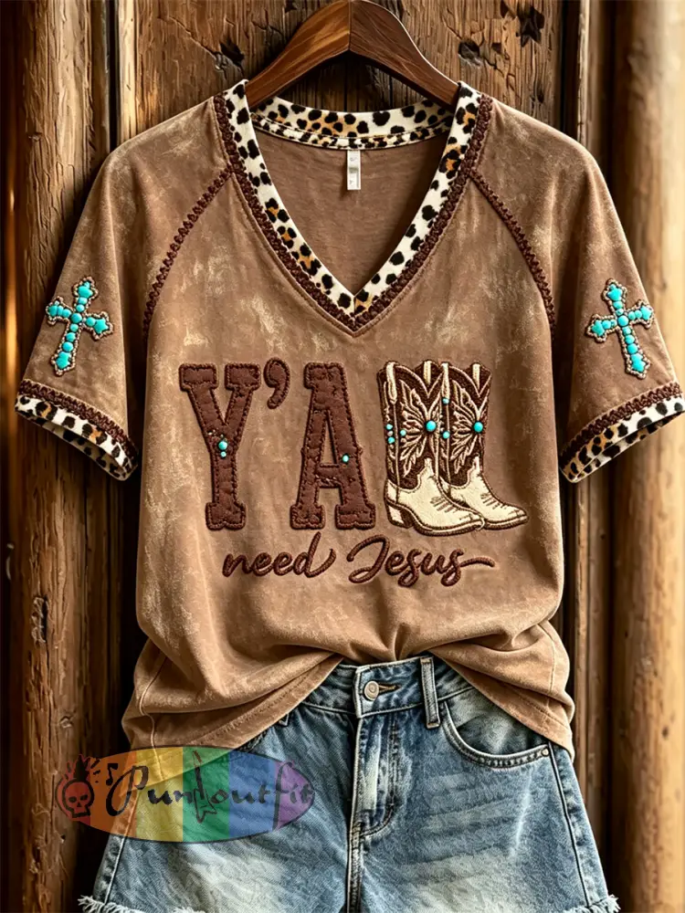 Women’s Y’all Need Jesus Western Boots Turquoise Cross Leopard Print short-sleeved T-shirt - Brown · S