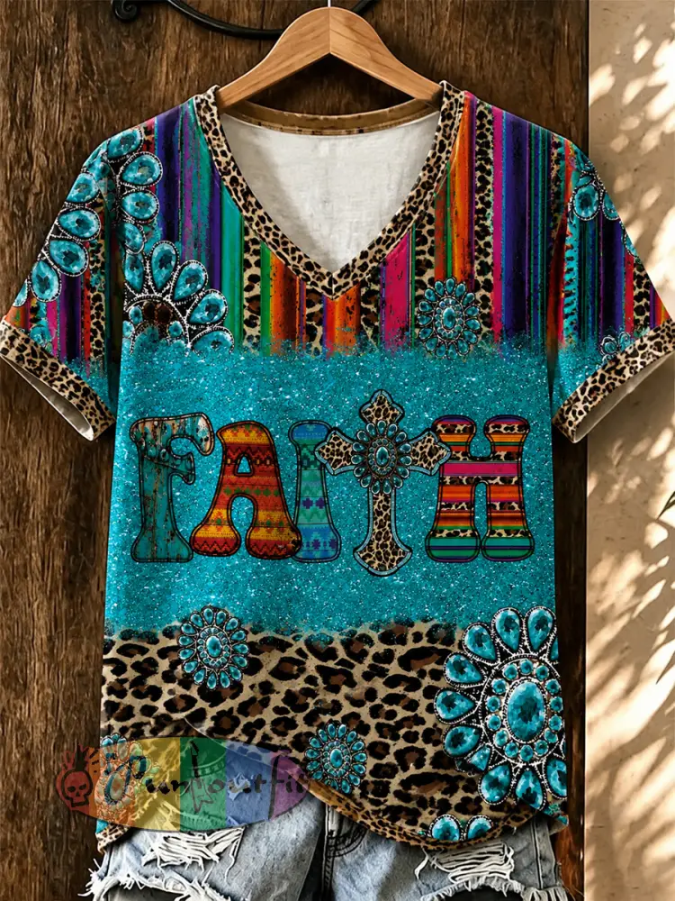 Women’s Vintage Western Faith Printed V-neck T-shirt - As picture · S