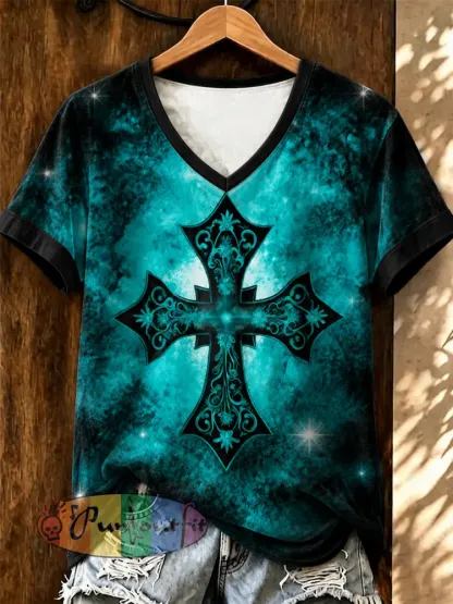 Women’s Vintage Western Faith Printed V-neck T-shirt - As picture · S