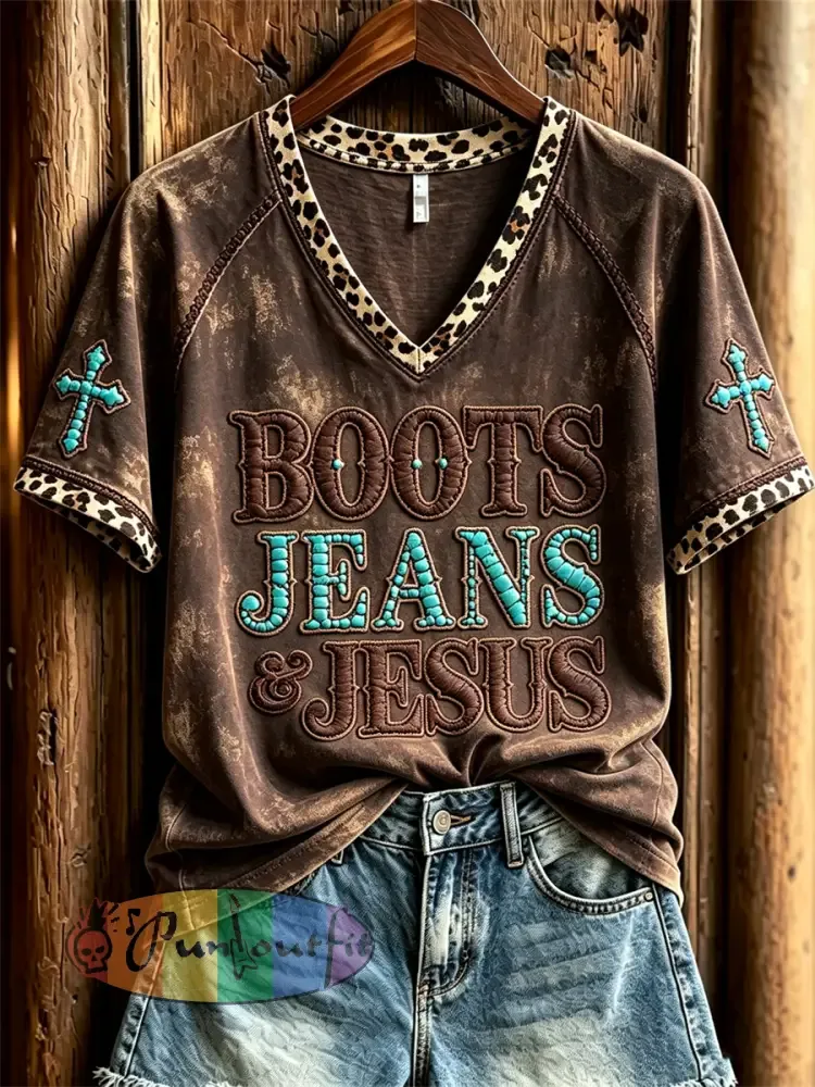 Women’s Vintage Boots Jeans & Jesus Western Cross Leopard Print short-sleeved T-shirt - Dark Brown · S