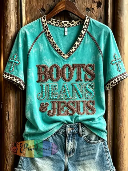 Women’s Vintage Boots Jeans & Jesus Western Cross Leopard Print short-sleeved T-shirt - Blue-Green · S