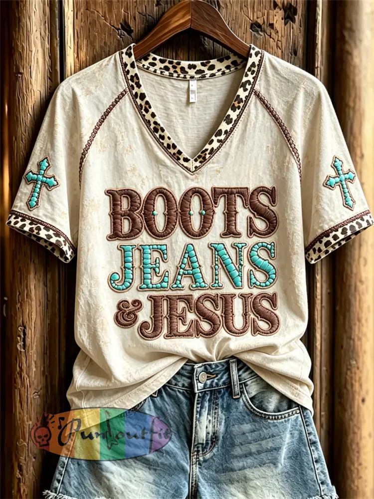 Women’s Vintage Boots Jeans & Jesus Western Cross Leopard Print short-sleeved T-shirt - Beige · S
