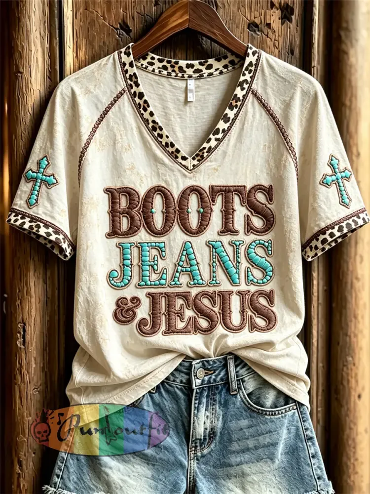 Women’s Vintage Boots Jeans & Jesus Western Cross Leopard Print short-sleeved T-shirt - Beige · S