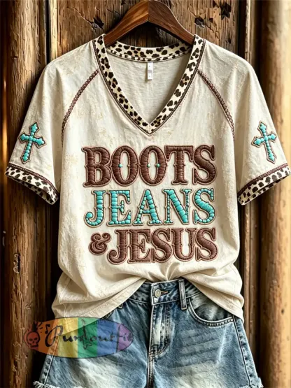 Women’s Vintage Boots Jeans & Jesus Western Cross Leopard Print short-sleeved T-shirt - Beige · S