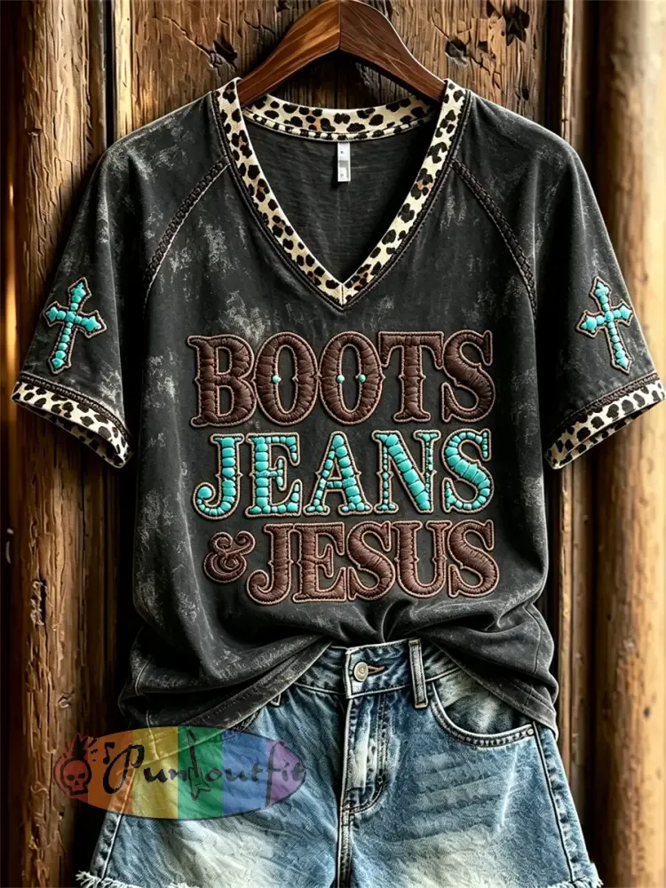 Women’s Vintage Boots Jeans & Jesus Western Cross Leopard Print short-sleeved T-shirt - Black · S