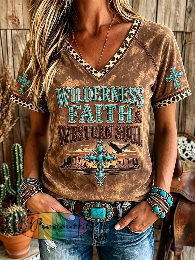 Women’s Faith & Western Soul Turquoise Cross Print V-neck Short-sleeved T-shirt - Brown · S