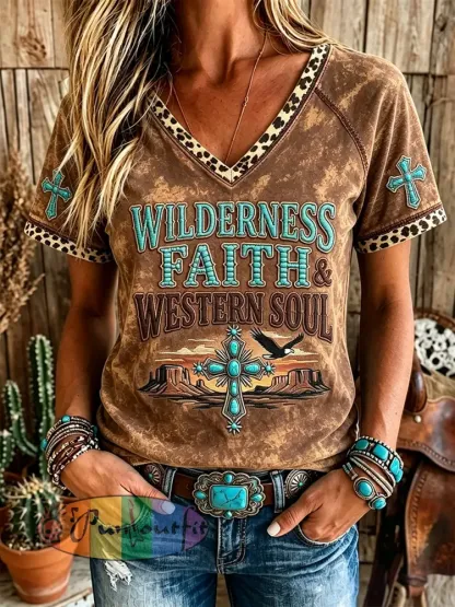 Women’s Faith & Western Soul Turquoise Cross Print V-neck Short-sleeved T-shirt - Brown · S