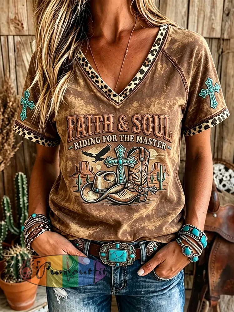 Women’s Western Faith & Soul Leopard Print V-neck Short-sleeved T-shirt - Brown · S