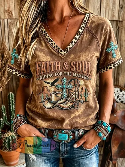 Women’s Western Faith & Soul Leopard Print V-neck Short-sleeved T-shirt - Brown · S