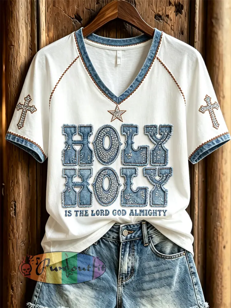 Women’s Vintage Holy Glitter Denim Art Print short-sleeved T-shirt - White · S