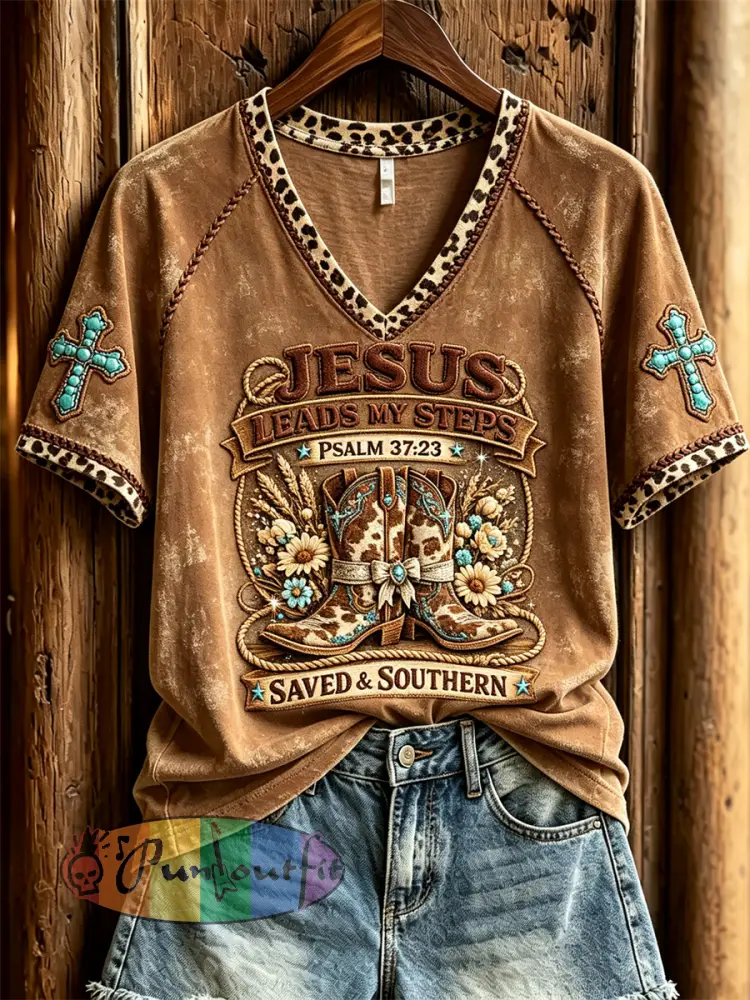 Women’s Jesus Leads My Steps Western Boots Turquoise Cross Print short-sleeved T-shirt - Brown · S