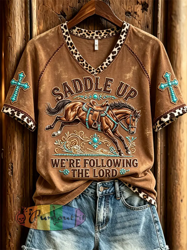 Women’s Saddle Up We’re Following the Lord Horse & Turquoise Cross Print short-sleeved T-shirt - Brown · S