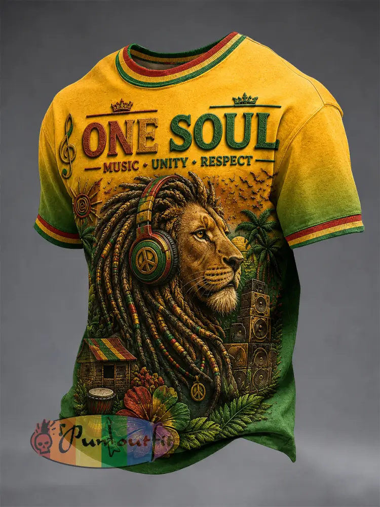 Retro Reggae Lion Gradient Casual T-Shirt - As picture · S