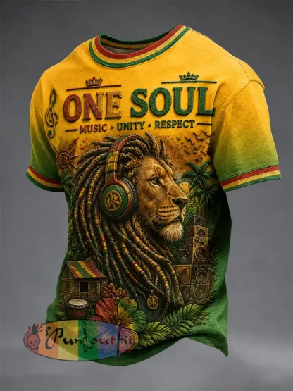 Retro Reggae Lion Gradient Casual T-Shirt - As picture · S