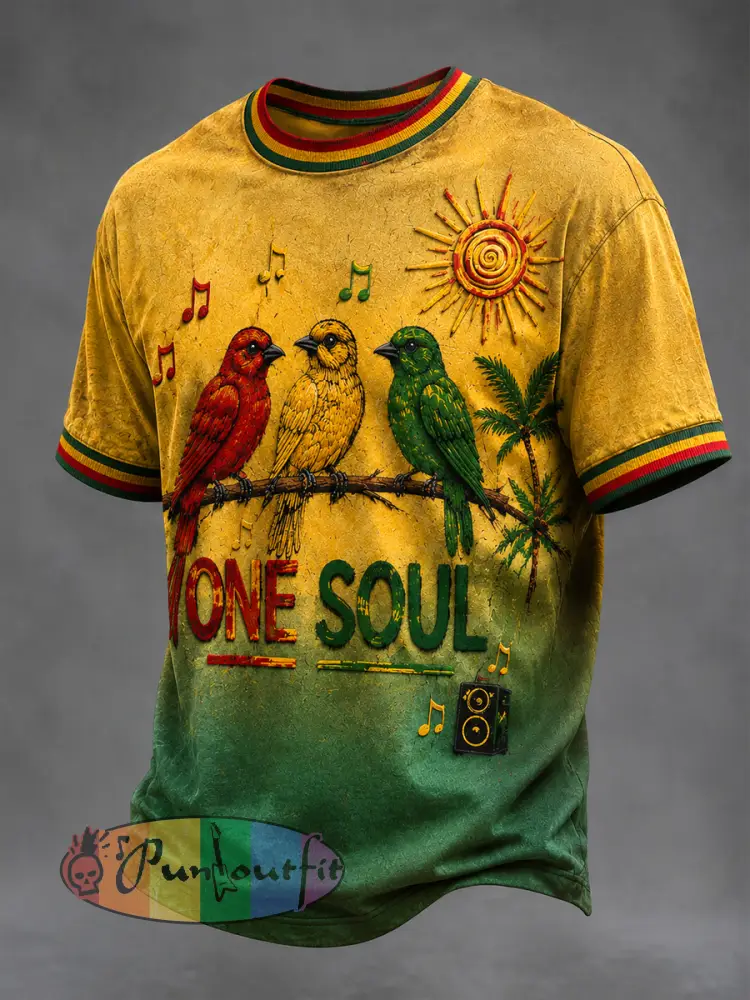 Retro Reggae “Three Little Birds” Gradient Casual T-Shirt - As picture · S