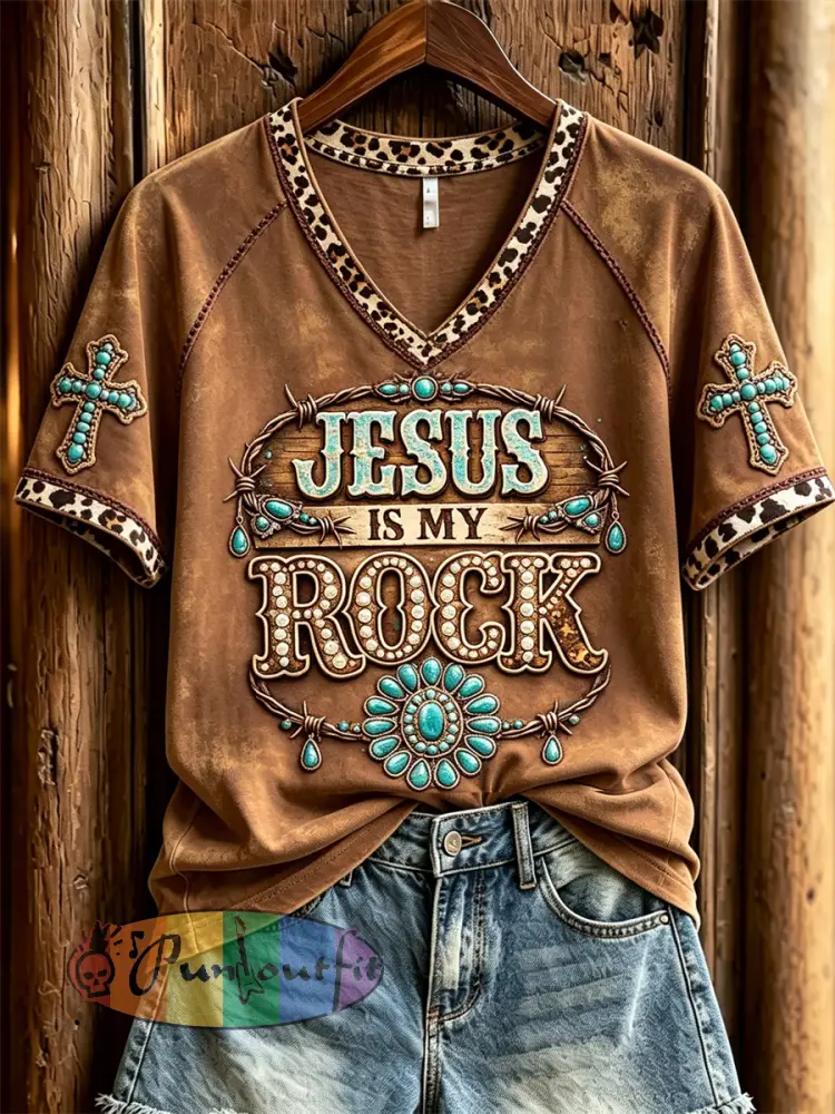 Women’s Vintage Jesus Is My Rock Turquoise Leopard Western Print short-sleeved T-shirt - Brown · S