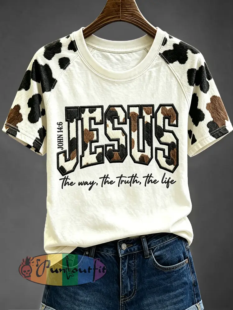 Women’s Western Cowhide Jesus Print Round Neck Short Sleeve T-shirt - White · S