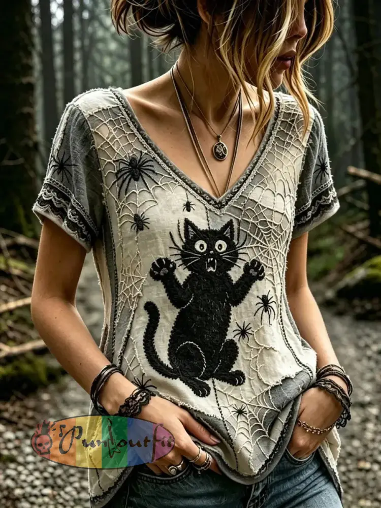 Women’s Gothic Cat-themed Cotton Linen Shirt - As picture · S