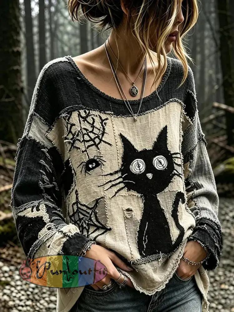 Women’s Gothic Cat-themed Cotton Linen Shirt - As picture · S
