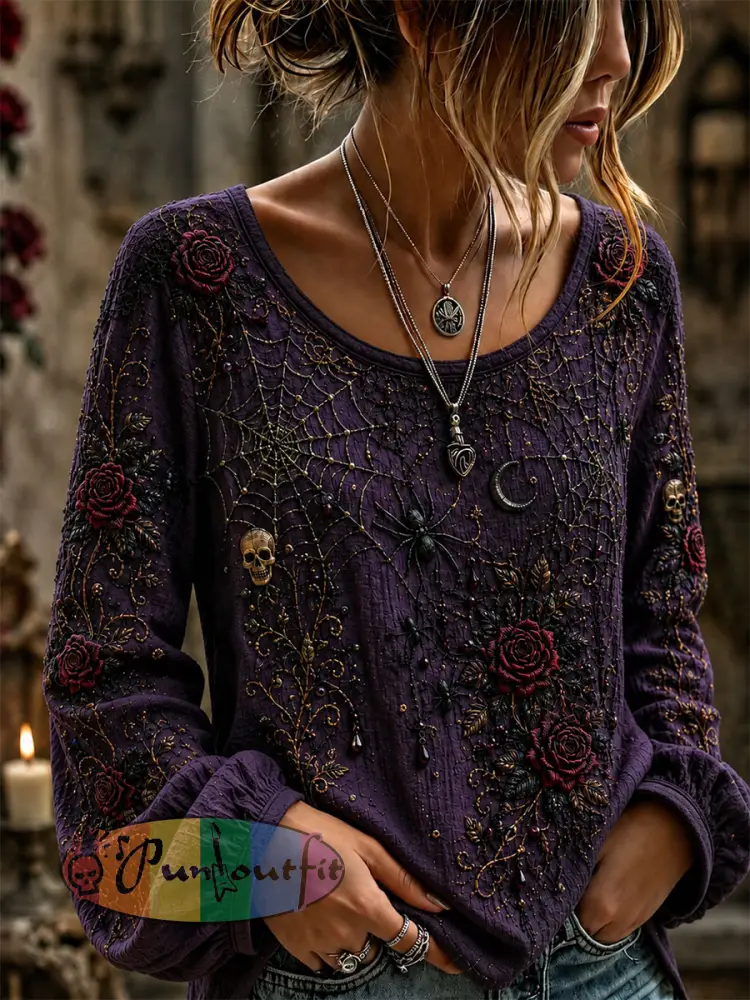 Women’s Gothic Rose Floral Cotton Linen Shirt - Purple · S
