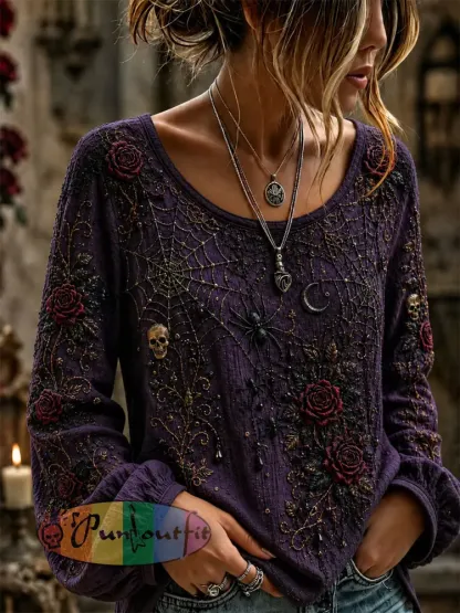 Women’s Gothic Rose Floral Cotton Linen Shirt - Purple · S