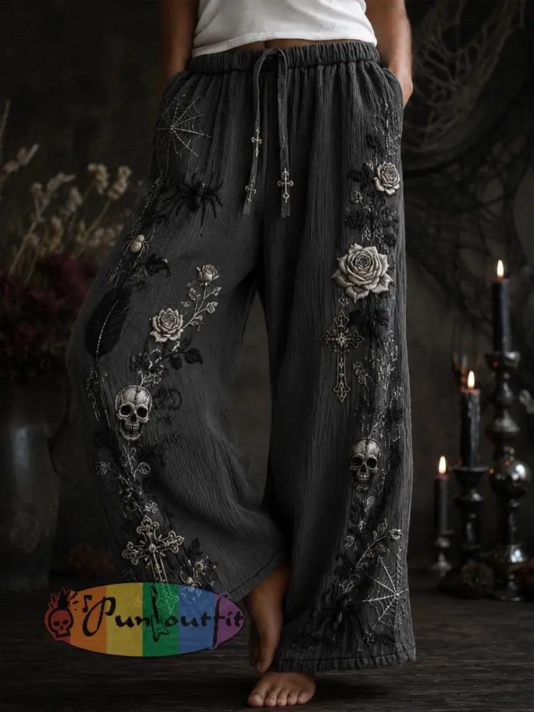 Women’s Gothic Skull and Rose Floral Cotton-Linen Pants - Black · S