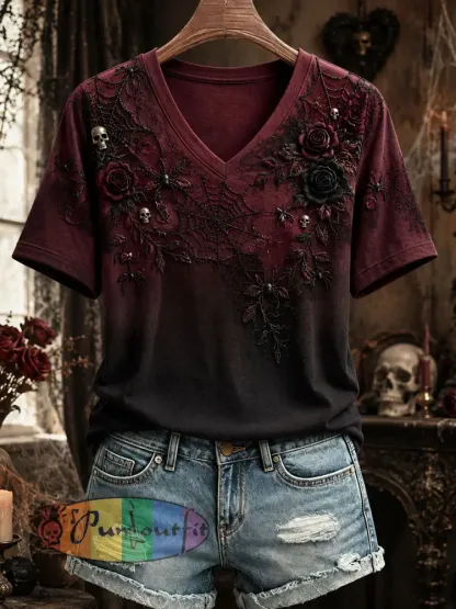 Women’s Gothic Rose Floral T-shirt - As picture · S