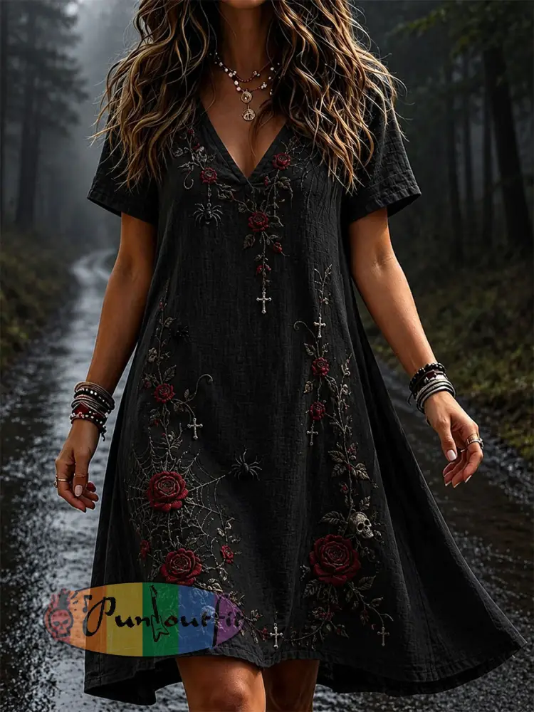 Women’s Gothic Rose Floral Cotton Linen Dress - Black · S