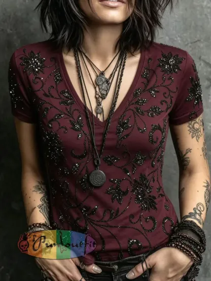 Women’s Halloween Gothic-style printed casual short-sleeved T-shirt - Wine Red · S