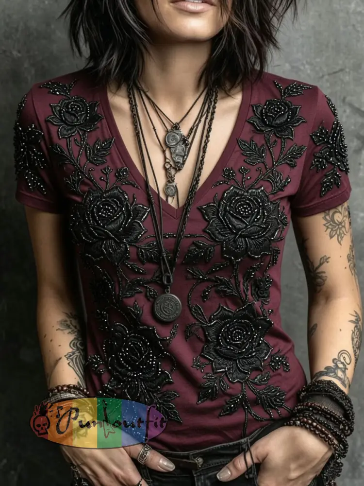Women’S Halloween Gothic-Style Printed Casual Short-Sleeved T-Shirt - Wine Red · S