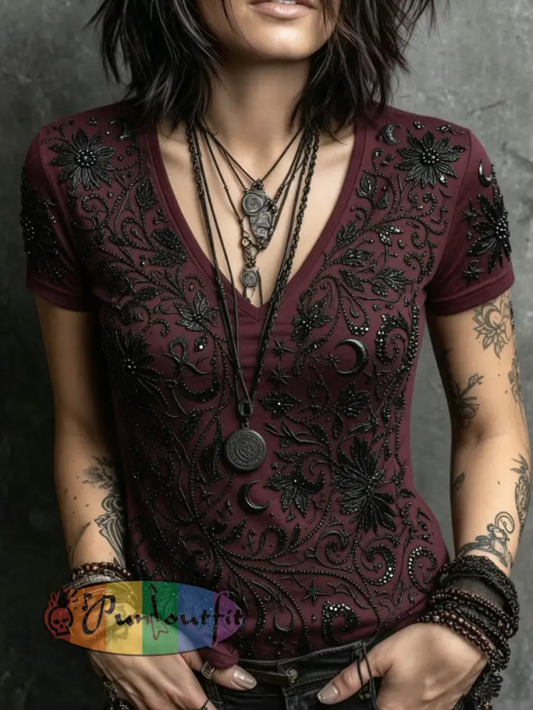 Women’S Halloween Gothic-Style Printed Casual Short-Sleeved T-Shirt - Wine Red · S