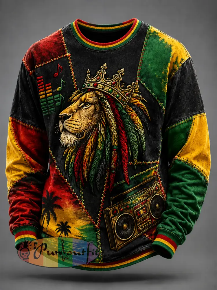 Retro Reggae Lion Patchwork Casual Sweatshirt - As picture · S