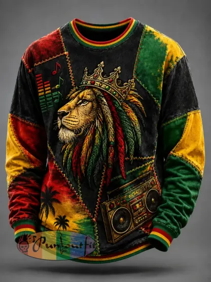 Retro Reggae Lion Patchwork Casual Sweatshirt - As picture · S
