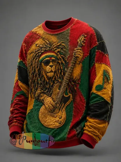 Retro Reggae Lion Guitar Patchwork Casual Sweatshirt - As picture · S