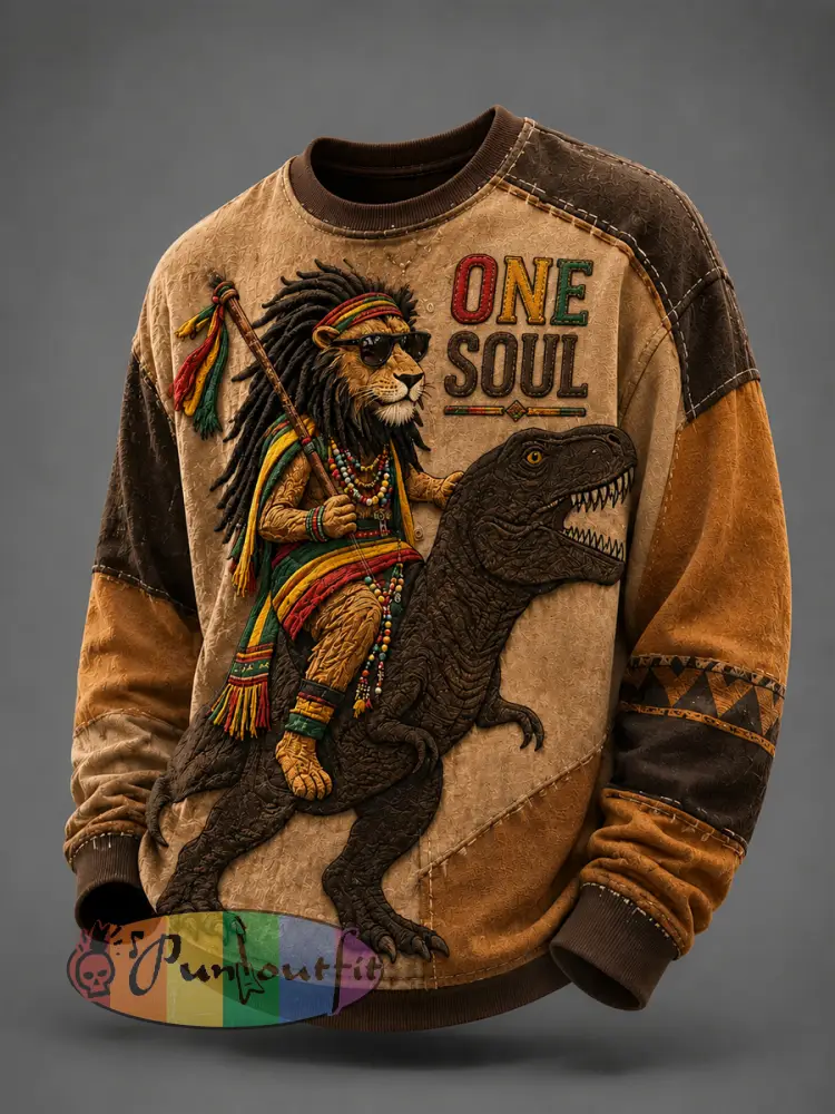 Retro Reggae Lion Dinosaur Patchwork Casual Sweatshirt - As picture · S