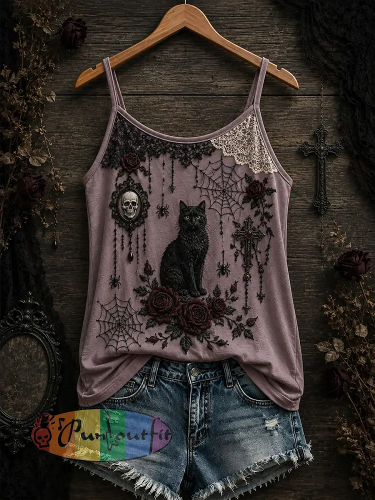 Women’s Gothic Black Cat Tank Top - Purple · S