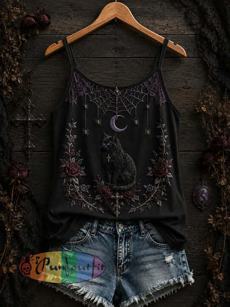 Women’s Gothic Black Cat Tank Top - Black · S