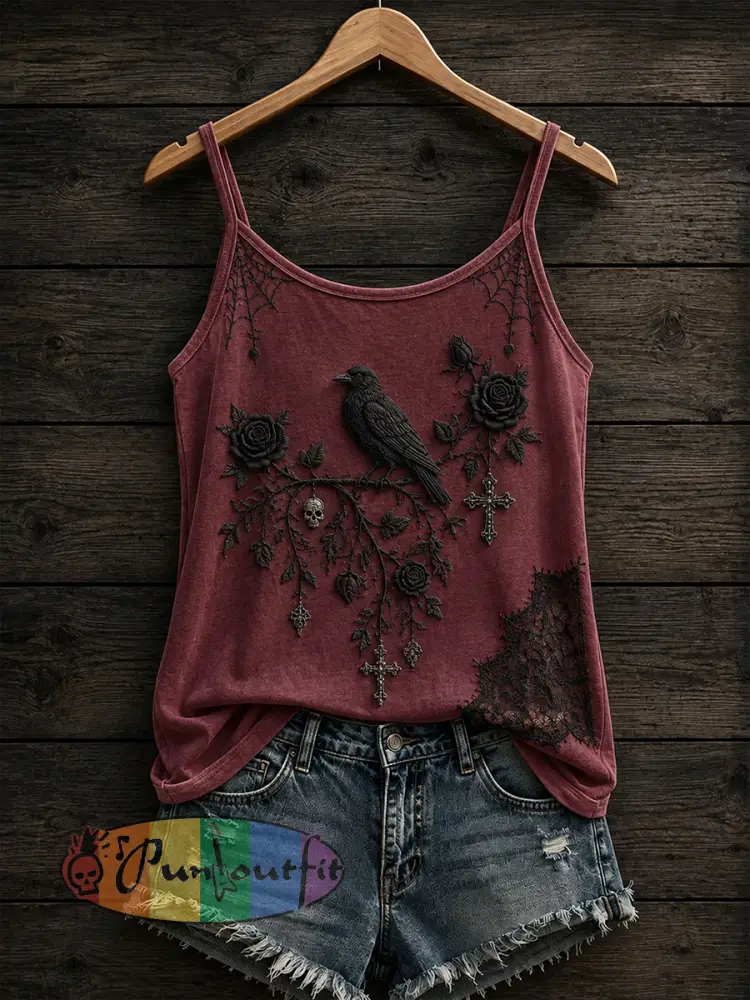 Women’s Gothic Raven Cross Tank Top - Wine Red · S