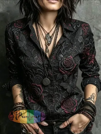 Women’s Gothic Retro Printed Casual Long-Sleeve Shirt - As picture · S