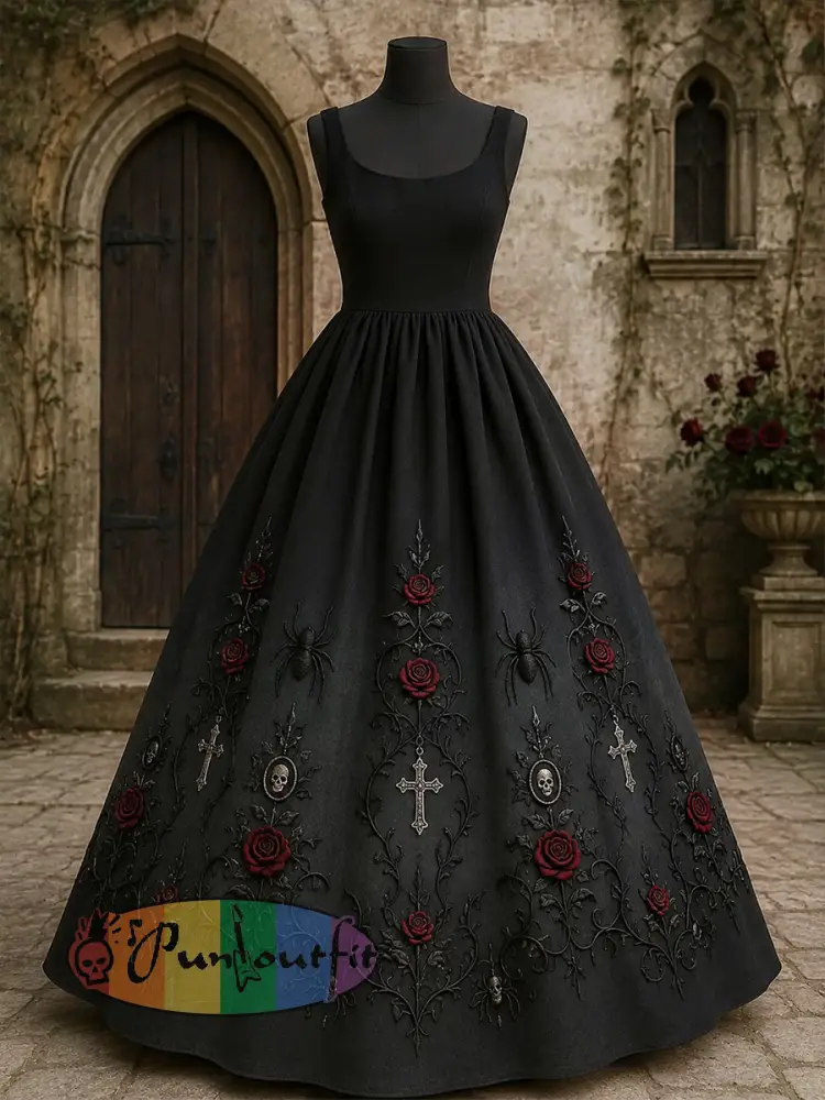 Women’s Gothic Rose Floral Dress - Black · S