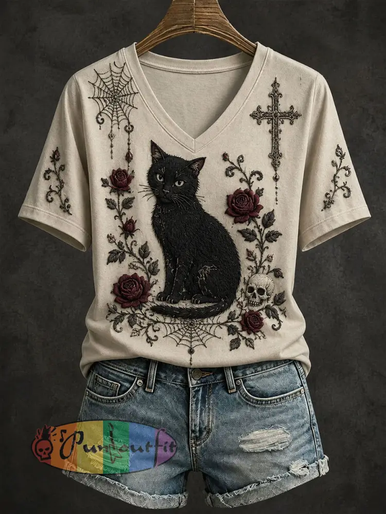 Women’s Gothic Style Floral Cat T-Shirt - Apricot · S