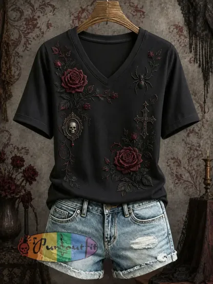 Women’s Gothic Style Floral T-Shirt - Black · S