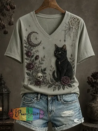Women’s Gothic Style Floral Cat T-Shirt - Green · S