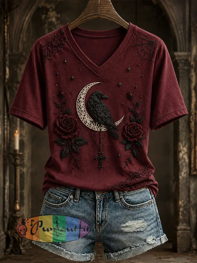Women’s Gothic Style Floral T-Shirt - Wine Red · S