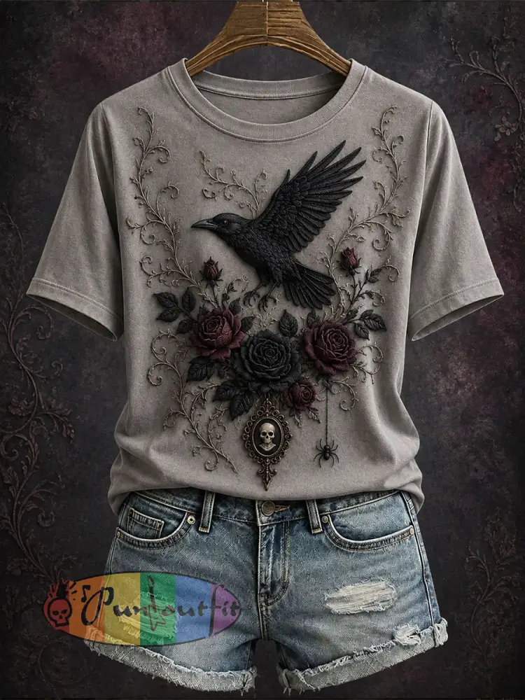 Women’s Gothic Style Floral T-Shirt - Gray · S