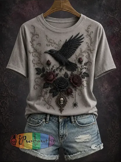 Women’s Gothic Style Floral T-Shirt - Gray · S