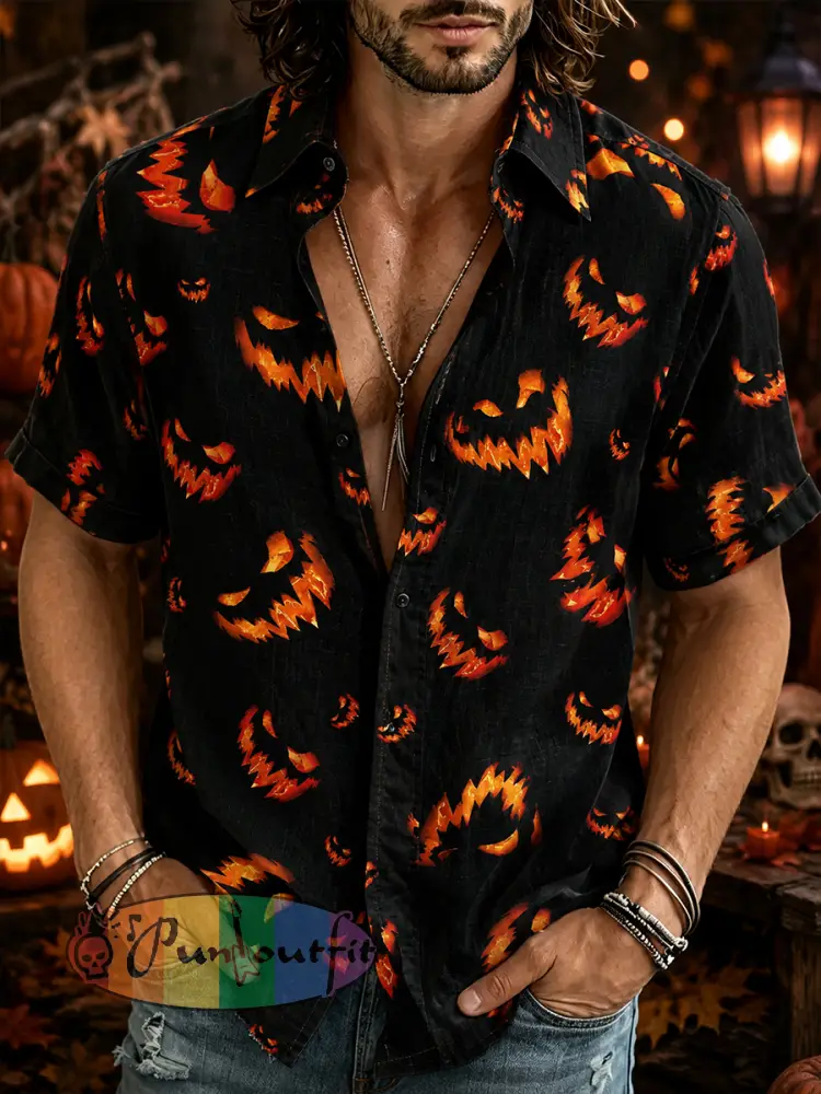 Men’s Short-Sleeve Shirt With Halloween-Themed Print - A · S