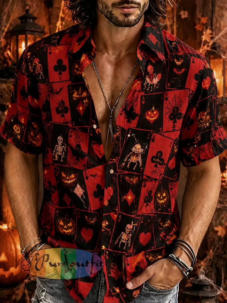 Men’s Short-Sleeve Shirt With Halloween-Themed Print - A · S